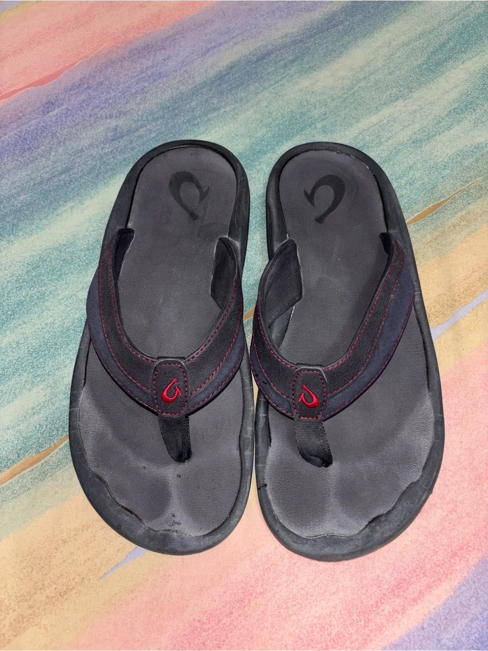 Olukai Ohana sandals black red Flip Flop Thong size 10.5